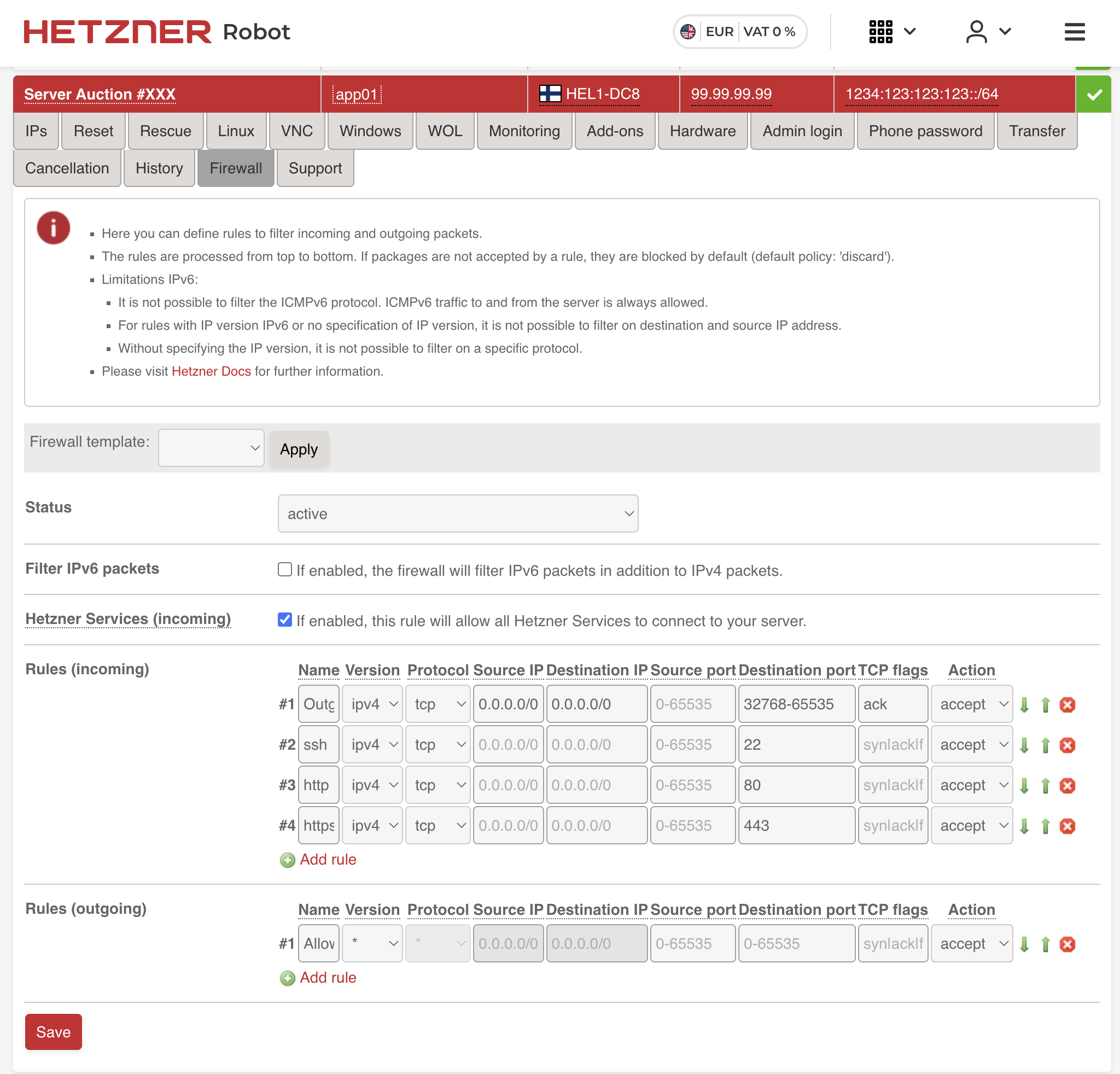 Hetzner Robot firewall configuration showing SSH, HTTP, and HTTPS rules